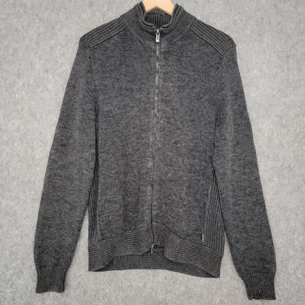 Calvin Klein Sweater Mens Medium Gray Full Zip Mock Neck Ribbed Knit Logo